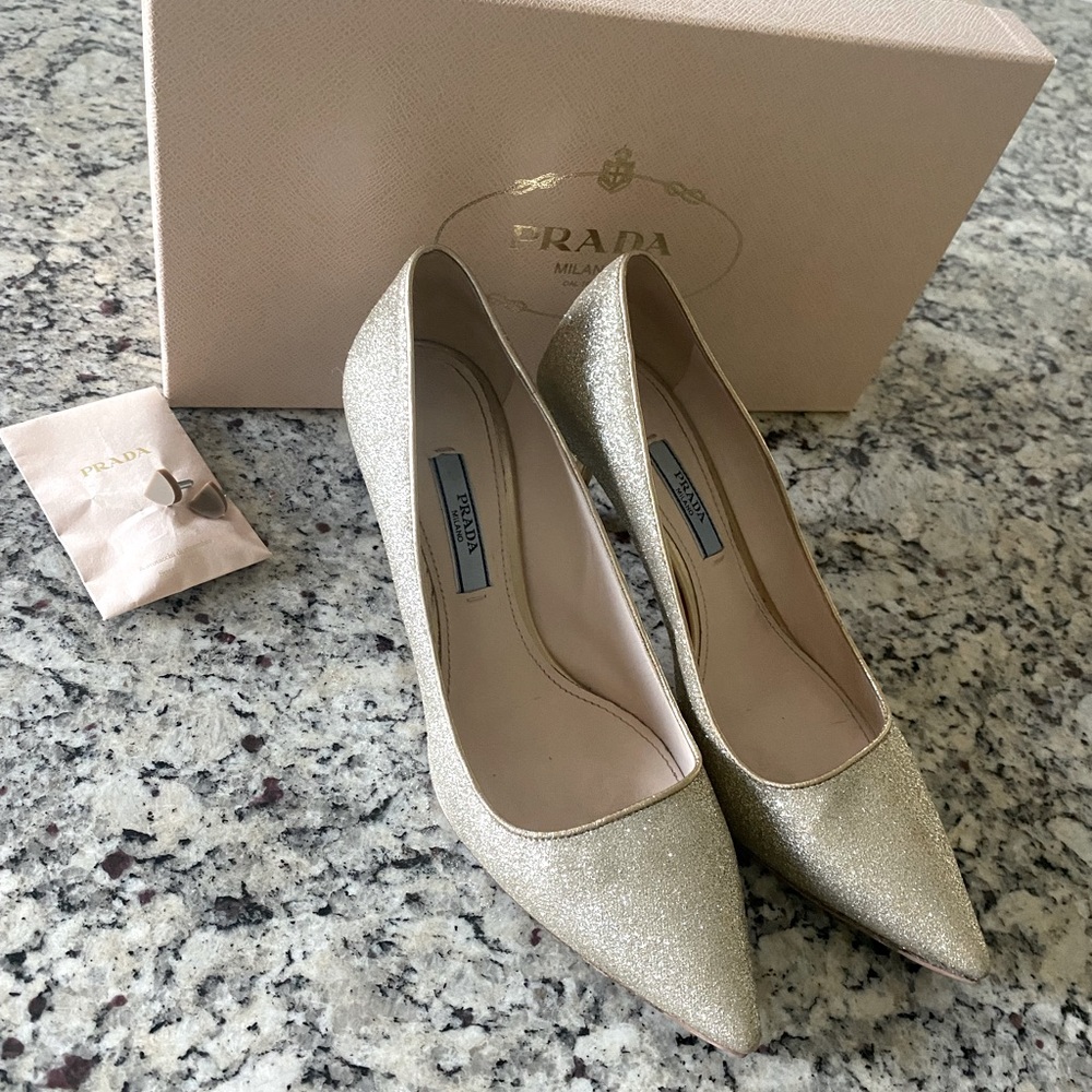 Prada gold glitter pointed toe heels size 36 size 6
